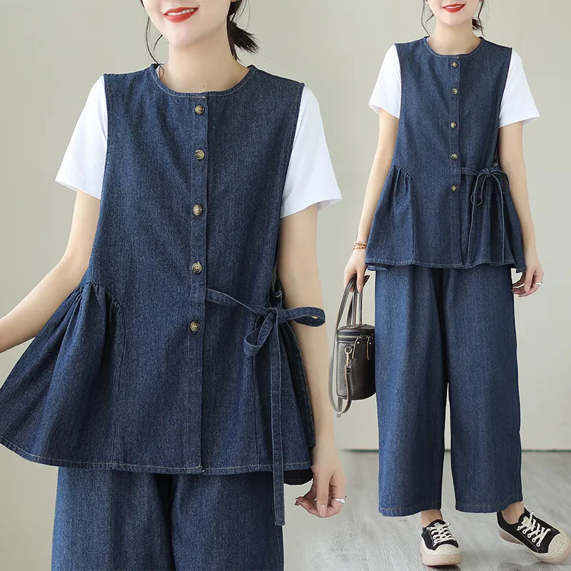 Boutique Wholesale 2024 Summer New Art Retro Casual Loose and Versatile Denim Vest Wide Leg Pants Women's Set