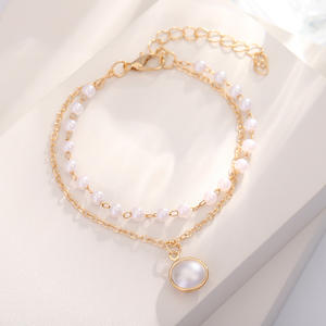 Double Layer Imitation Pearl Pendant Charm Bracelet Zinc Alloy 14K Gold Plated Trendy Women's Fine Gift Exquisite Jewelry - Product Image 1