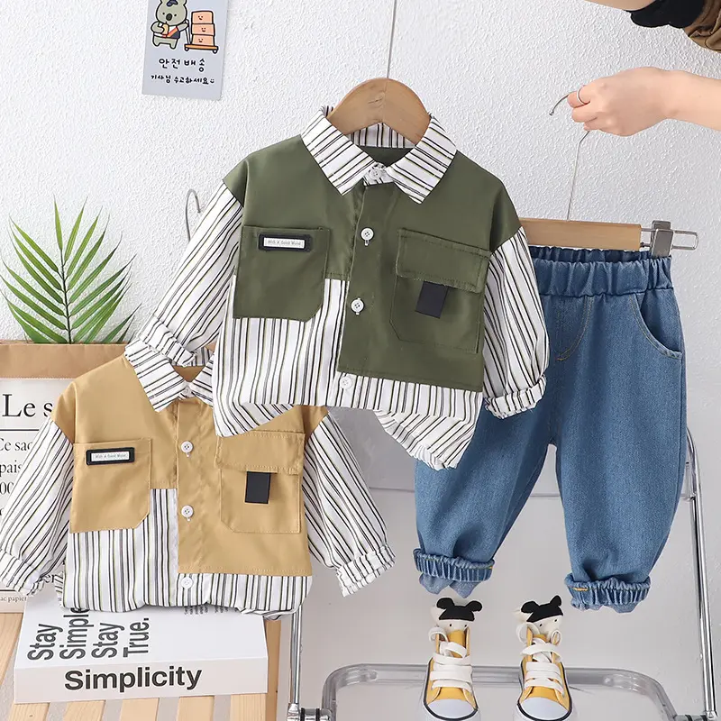 2024 Boutique Spring Kids Outfits 2pcs Striped Shirt and Jeans Casual Boys Pants Clothes Sets