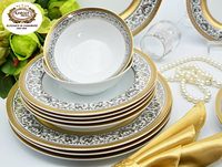 KAROSA 24 pièces Service de table en porcelaine de Chine à bord doré allemand personnalisé, assiettes, bols, vaisselle pour 6 personnes