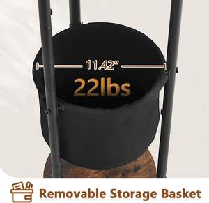 حامل معاطف دائري قائم بذاته مع 3 أرفف خشبية وسلة قماشية واحدة، شماعة ملابس معدنية بـ 5 خطافات - Product Image 3