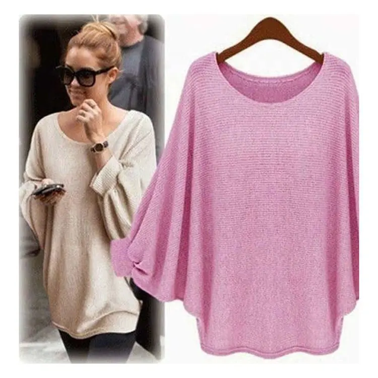 Winter Women Boat Neck Pullovers Tops Batwing Sleeves Knitted Sweaters