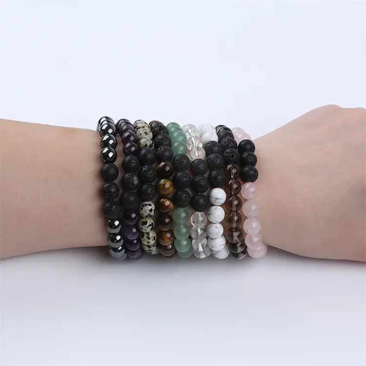 8mm Fashion Crystal Natural Lava Stone Bead Bracelet Women Men