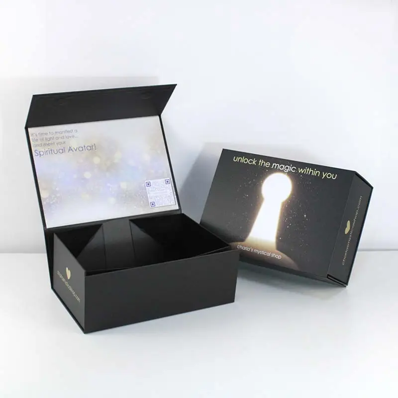 Kundenspezifische luxuriöse schwarze Clamshell-Bekleidungsbox starre magnetische Verpackung Geschenkbox Dankeschönskarte und Broschüren