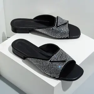 Wholesale custom rhinestone low heel slippers women's summer triangle standard P home thick heel sandals