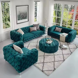 Juego de Muebles Modulares Chesterfield para Sala de Estar, Estilo Moderno, Dos Plazas, Terciopelo Verde, Sofá Lounge Resistente y Económico - Product Image 1
