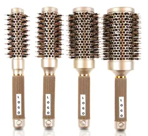 Brosse à cheveux ronde en céramique dorée en Nylon, poils de sanglier, prix d'usine, vente en gros