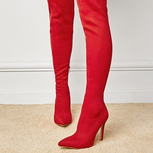 Botas de mujer de caña alta elásticas por encima de la rodilla con tacón fino y punta, color rojo intenso, para otoño e invierno 2025 - Product Image 4