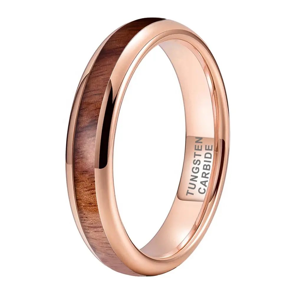 Coolstyle Jewelry 4mm Rose Gold Tungsten Ring For Women Men Engagement Wedding Band Koa Wood Inlay Domed Polished Comfort Fit