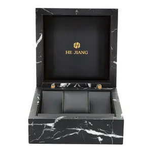 Caja de reloj personalizada, con logotipo de pantalla de seda, de mármol y madera, caja de reloj de laca negra, de gama alta, popular