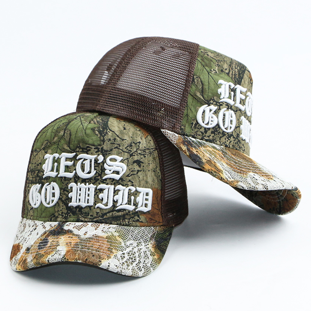 High Quality 5 Panel 100% Cotton Baseball Cap With Mesh Custom Old English Font Embroidery Logo Camouflage Print Trucker Hats