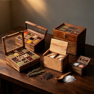 Scatola per <span class=keywords><strong>Spezie</strong></span> in Legno Multiforme, Organizzatore Esagonale e Rettangolare in Legno di Acacia con Coperchio per <span class=keywords><strong>Spezie</strong></span> da Cucina - Product Image 6