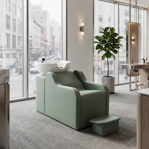 Chaise de lavage de cheveux verte pour salon de coiffure avec repose-pieds, lavabo en céramique et chaises de lavage pour salon de coiffure et barbier - Product Image 1