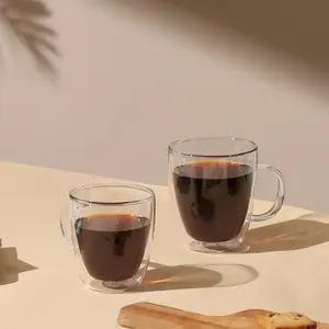 CnGlass Coffee Mug Espresso Drinking Glass Cup With Handle 17oz. Microwave Safe Double Wall Insulated Glass Mug