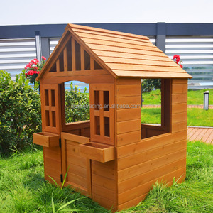 Casa de juegos infantil de madera natural, casita de madera para niños, cabaña exterior con jardineras. - Product Image 3