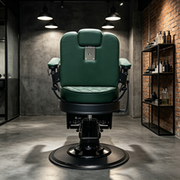 Fauteuil de barbier vintage en cuir matelassé vert foncé, pivotant à 360°, inclinable hydrauliquement, avec repose-pieds