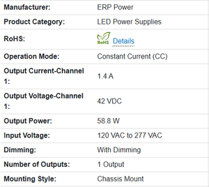 Fuente de Alimentación LED AC-DC ERP Power ESP060W-1400-42, 120-277 Vac, 87% de Eficiencia, 58.8W Máx., 1400mA, Carcasa de Aluminio - Product Image 3