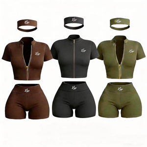 Completo Estivo da <span class=keywords><strong>Donna</strong></span> in 3 Pezzi, Set Personalizzato per Allenamento, Giacca con Zip a Manica Corta e Pantaloncini, Tuta Sportiva per Donne - Product Image 1