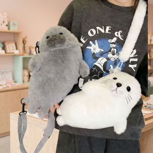 Cute Vintage Lady <b>Plush</b> Seal Crossbody Bag Faux Fur Zip Single Shoulder Cartoon Design Portable Daily Use All Gray White 7 Inch - Product Image 3