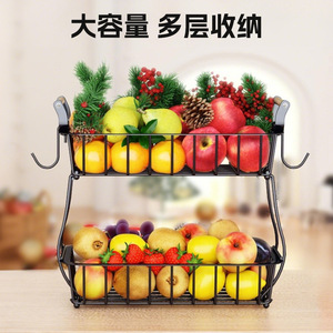 Double Layer Fruit And Vegetable <b>Basket</b> With Wooden Handle Large Capacity Kitchen <b>Storage</b> Rack Rectangle Black <b>Mesh</b> Style - Product Image 2