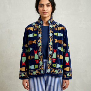 Blouson bomber en velours bleu marine pour femme avec broderie, écologique, respirant, séchage rapide, rembourrage en soie, fabriqué au Rajasthan - Product Image 1