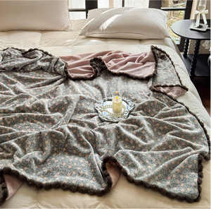 Coperta <span class=keywords><strong>in</strong></span> pile di flanella 100% poliestere con stampa floreale vintage e nappe a pompon, morbida e calda per tutte le stagioni, ideale per divano e ufficio - Product Image 4
