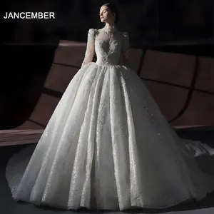 Jancember Best Sale Full Sleeve Ball Gown Sequined Beaded Plus Size Fashion Elegant Bridal Gown Wedding Dresses