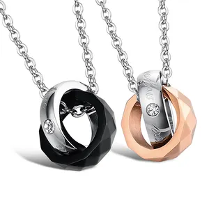 His & Hers Couples Engraved Double Ring Pendant Necklace, Wedding Stainless Steel Double Ring Couple Pendant#