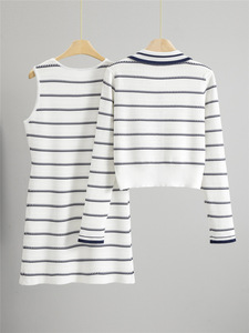 Ensemble deux pièces élégant en tricot rayé pour <span class=keywords><strong>femme</strong></span>, cardigan à col <span class=keywords><strong>marin</strong></span>, robe moulante sans manches, tenue décontractée pour tous les jours - Product Image 4