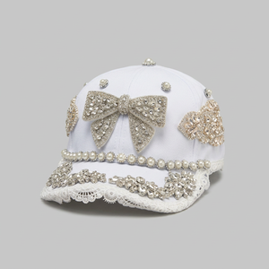 Casquette de baseball Y2K blanchie à la chaux, 6 panneaux, réglable, avec nœud en strass et bordure en dentelle perlée, chapeau de fête de luxe unisexe, 100% coton, toutes saisons - Product Image 1