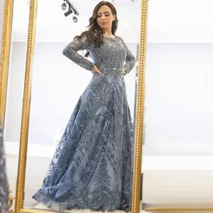 Scz130 Navy Blue Long Sleeve Dubai Evening Dress Muslim Women Arabic Formal Dresses Plus Size Moroccan Kaftan Prom Party Gown