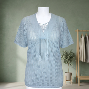 Pull en maille ajourée personnalisé pour femme, coupe confortable, col en V, manches papillon, fin, avec ceinture offerte, décontracté, été, OEM/ODM 64% - Product Image 3