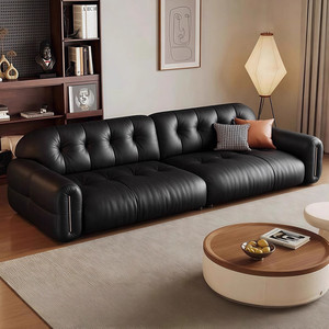 Modern minimalist black leather <b>sofa</b>, straight row design, mid-century Brownie style, suitable for large and <b>small</b> living rooms - Product Image 4