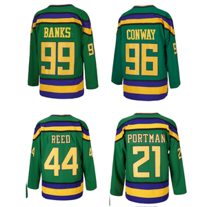 Maglia da Hockey su Ghiaccio del Film Mighty Ducks of Anaheim 99 BANKS 96 CONWAY 21 PORTMAN 44 REED - Product Image 1