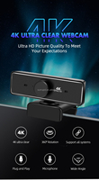 Manuel odaklama 4K UHD PC Webcam 8MP USB arayüzü Video konferans canlı akışı Zoom Skype ekipleri ile uyumlu