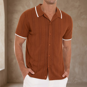 Camisa de Manga Corta Tejida para Hombre, Estilo Vintage a Rayas con Botones, Tela de Poliéster Marrón - Product Image 3