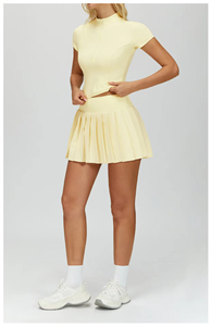 Ensemble de sport 2 pièces personnalisé pour femme, respirant, séchage rapide, coupe-vent, grandes tailles, en Spandex/Nylon, avec t-shirts courts zippés et jupes de <span class=keywords><strong>tennis</strong></span> - Product Image 2