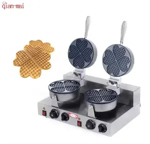 Mesin pembuat wafel berbentuk hati, mesin pembuat wafel 4 potongan hati komersial pelat Aluminium cor ganda