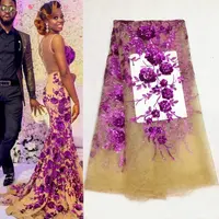 Tecido africano bordado de lantejoulas, tecido de malha de flores tridimensional de casamento
