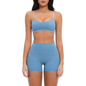 Women Two Piece Workout Set Spaghetti Strap Sports <b>Bra</b> Matching High Waist Shorts Gym Yoga Clothes Seamless <b>Blue</b> - Product Image 1