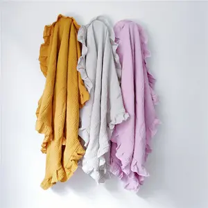 Kangobaby Wholesale Custom Print Pattern Muslin Cotton Ruffle Edge 4 Layers Baby Wrap Baby Swaddle Blankets Gauze Bath Towel