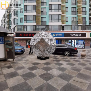 Jiahua Stainless Steel <b>Cube</b> Sculpture Polished <b>Lighted</b> Freestanding Outdoor Garden Ornament - Product Image 1