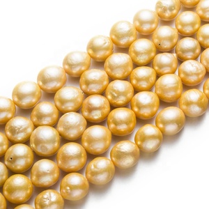 Collar de perlas frescas, amarillo, grande, 12-14mm, redondo, dorado, cultivado, edison