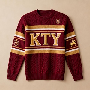 Suéter Varsity de Punto Trenzado con Bordado de Letras Doradas en Color Rojo, Estilo Español, para Hombre, Ropa de Invierno, OEM - Product Image 3