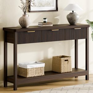 Table console longue SENYU style farmhouse avec design cannelé, table de canapé étroite en bois massif pour entrée, couloir, salon - Product Image 1