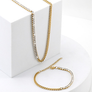 Zogxin Diamond Cuban Chain Necklace Set 18K Gold Plated Stainless Steel For Women Everyday Wear Leisure Jewelry - Product Image 5
