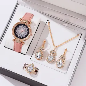 Luxury PU Colorful Zircon Water Drop Pendant Diamond Necklace Earrings Bracelet Ring Watch Set Women's Quartz Watch Gift