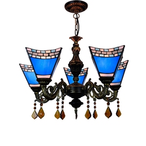 Suspension carrée bleue Tiffany Lampadario avec lumière en verre à cinq têtes pour chambre à coucher Bar Foyer Couloir-Style lustre - Product Image 1