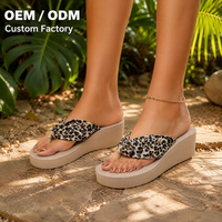 Tongs compensées antidérapantes en EVA pour femmes, personnalisables OEM, motif léopard, semelle en corde, plateforme, style espadrille, été, paille