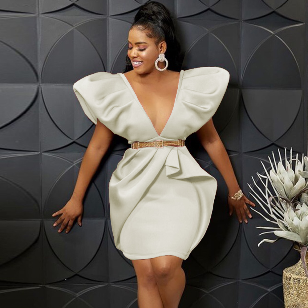 Above Knee Sexy Sleeveless Cute Deep V Neck Pleated Girl Club Dresses